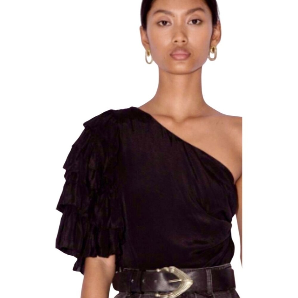 Magali Pascal Desa Black One-Shoulder Ruched Ruffled Top – NEW Size Small
